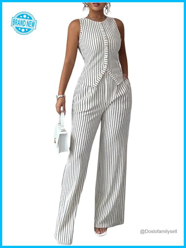 2 Piece Striped Sleeveless Button Up Tank Top And Pants Set Business Casual